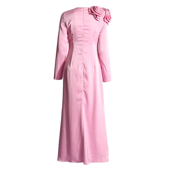 Blooming Rosette Crew Neck Long Sleeves Satin Fishtail Gown Maxi Dress