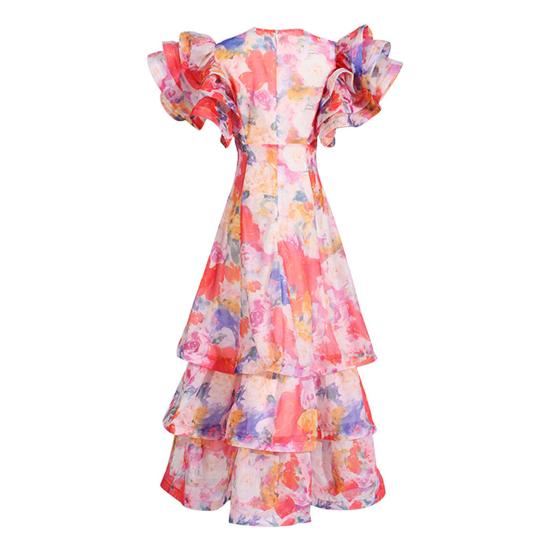 Bohemian Floral Print V Neck Ruffle Tiered Sleeve A Line Vacation Maxi Dress