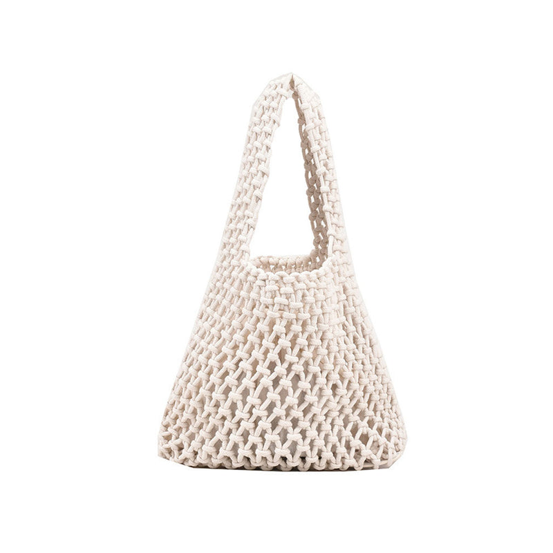 Boho Chic Drawstring Pouch Top Handle Open Knit Crochet Mini Woven Bag