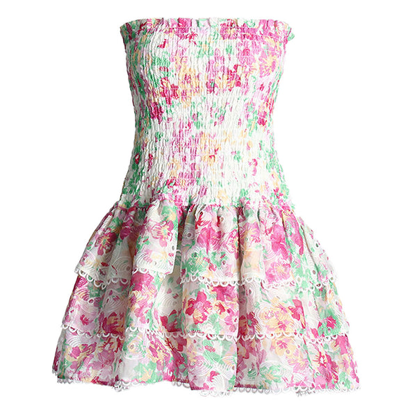 Boho Floral Embroidery Strapless Printed Smocked Tiered Ruffled Mini Dress