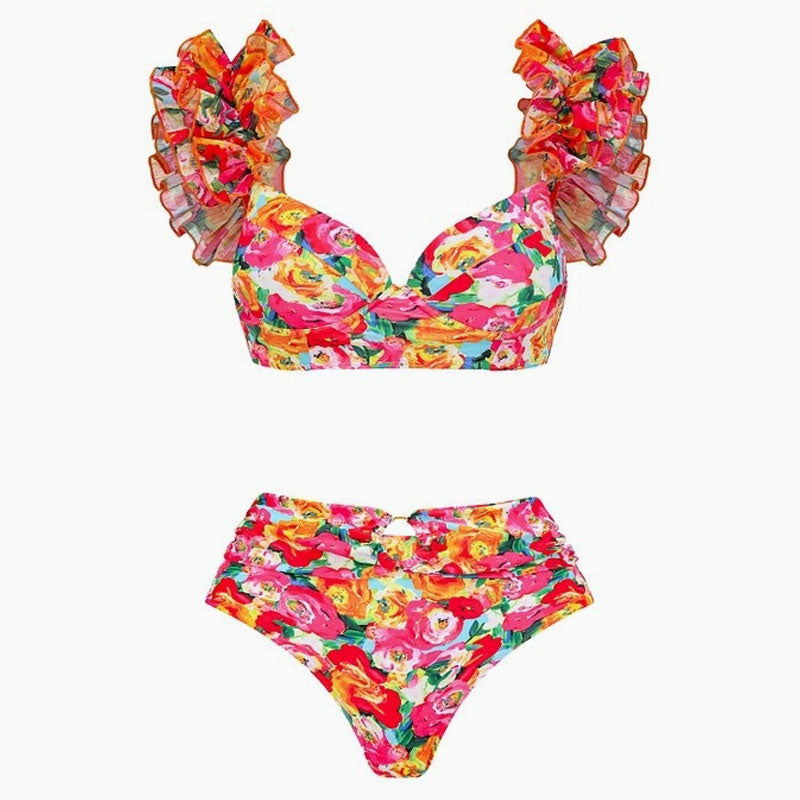 Boho Floral Print Ruched Mid Waist Moderate Ruffle Underwire Bikini Set