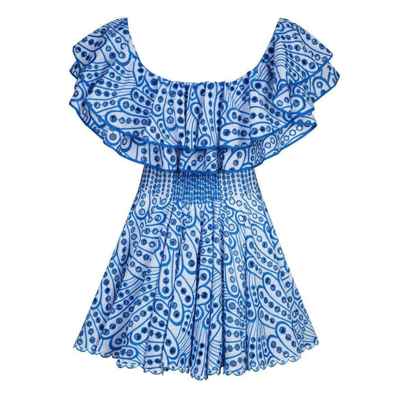 Boho Ruffled Off the Shoulder Smocked Back Broderie Anglaise Mini Dress