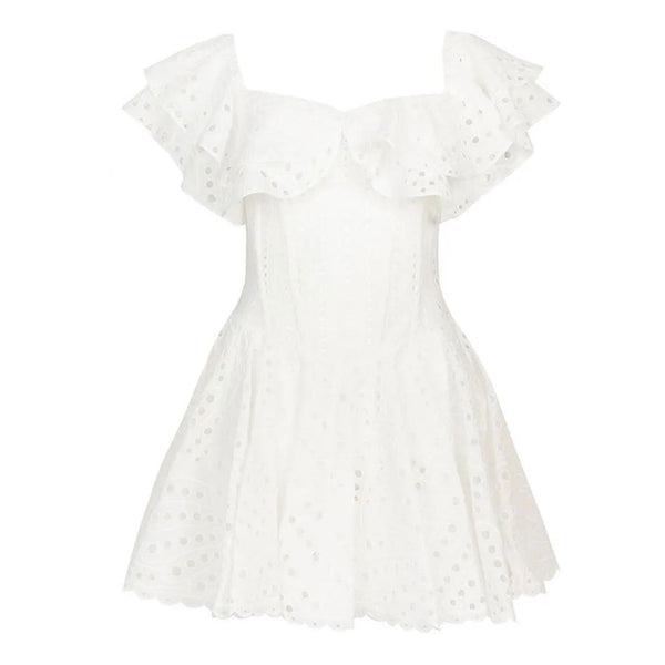 Boho Ruffled Off the Shoulder Smocked Back Broderie Anglaise Mini Dress