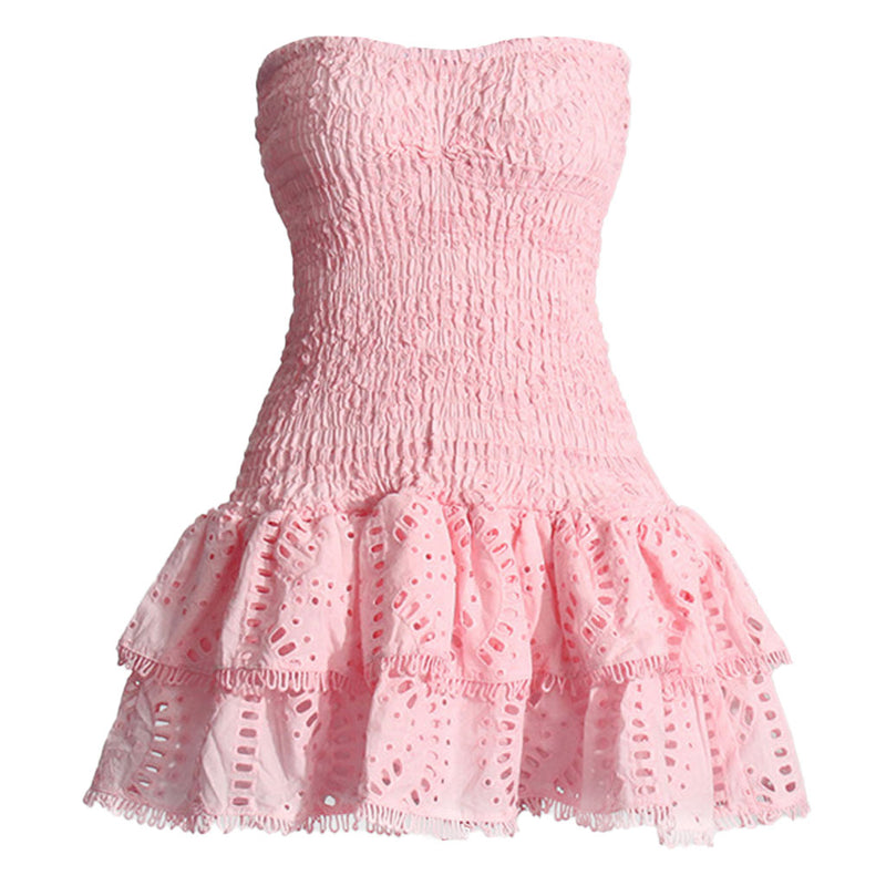 Boho Strapless Smocked Broderie Anglaise Tiered Ruffled Vacation Mini Dress