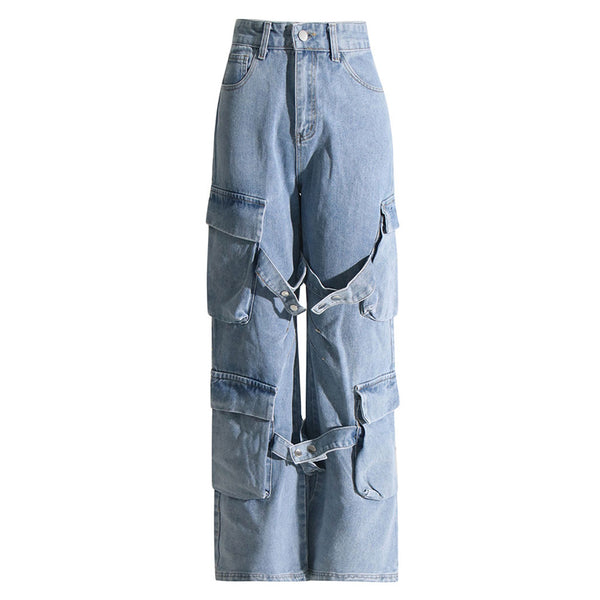 Boyfriend Bleached High Waisted Wide Leg Buttoned Strap Cargo Jeans