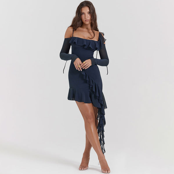 Breezy Bow Tie Scoop Neck Long Sleeve Sheer Mesh Asymmetric Ruffle Mini Dress