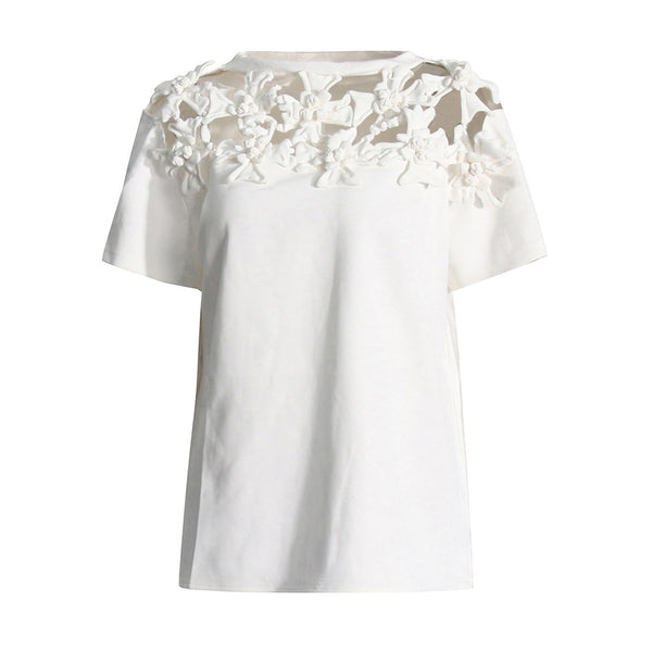 Casual Crew Neck Rosette Applique Cut Out Short Sleeve Oversized T Shirt