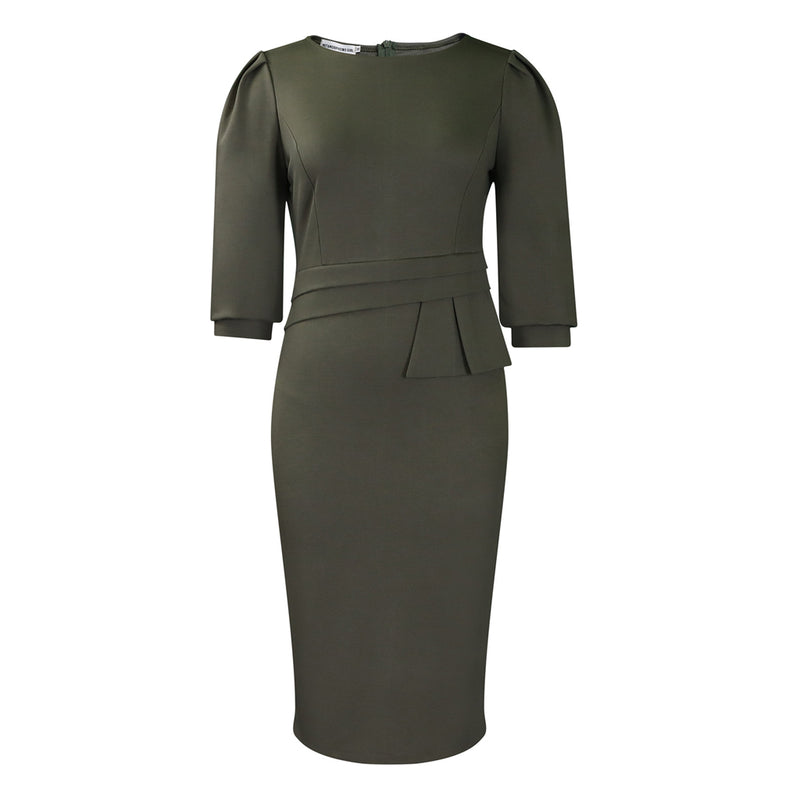 Celebrity Crew Neck Puff Sleeve Pleated Peplum Sheath Pencil Midi Dress