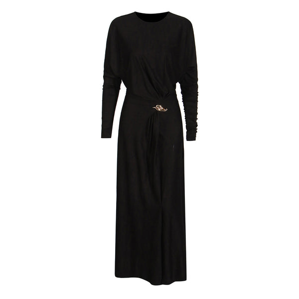 Celebrity Ruched Long Sleeve Metal Leaf Draped Jersey Maxi Dress