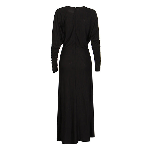 Celebrity Ruched Long Sleeve Metal Leaf Draped Jersey Maxi Dress