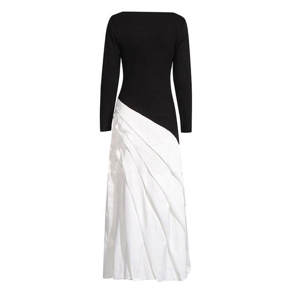 Chic Black and White Long Sleeve Jersey Hybrid Satin Pleated Maxi Dress