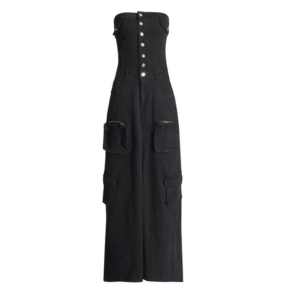 Chic Button Up Strapless Cargo Pocket Split Frayed Hem Denim Maxi Dress