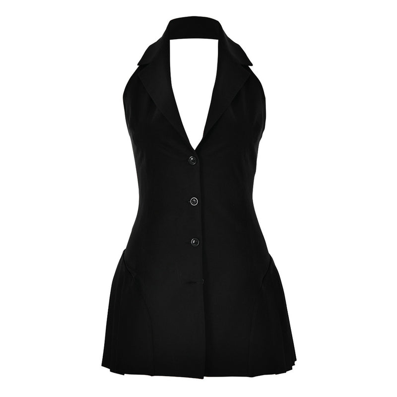 Chic Halter Lapel Collar Single Breasted Pleated Tailored Vest Micro Mini Dress