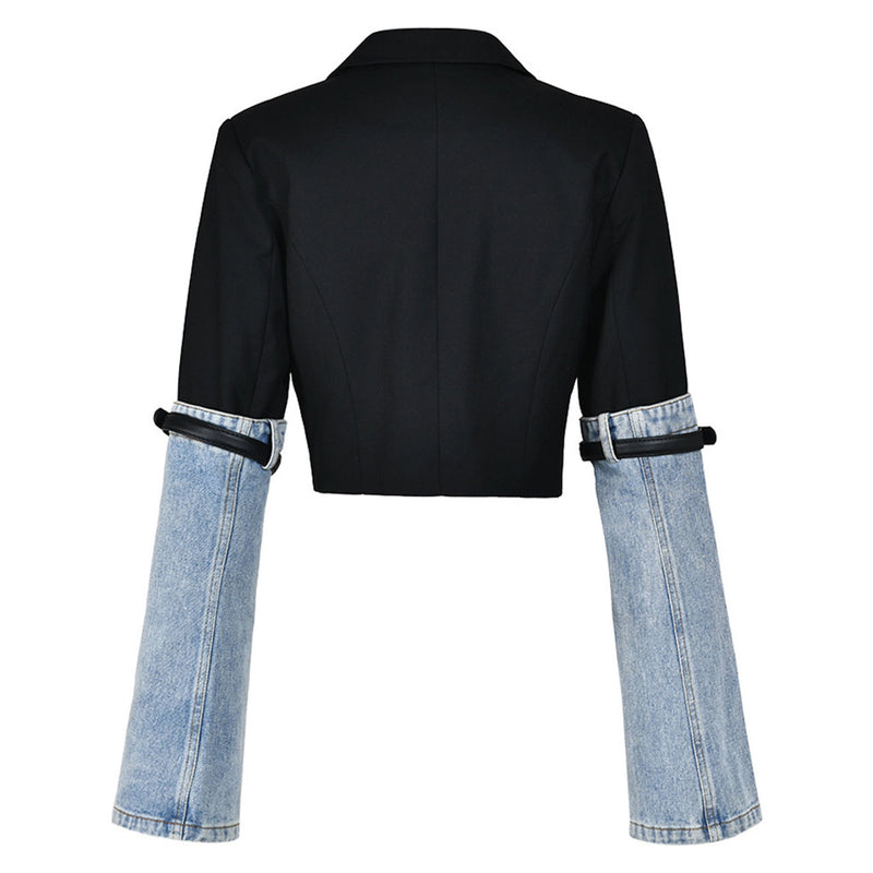 Chic Lapel Collar Belted Long Sleeve Single Breasted Cropped Hybrid Denim Blazer