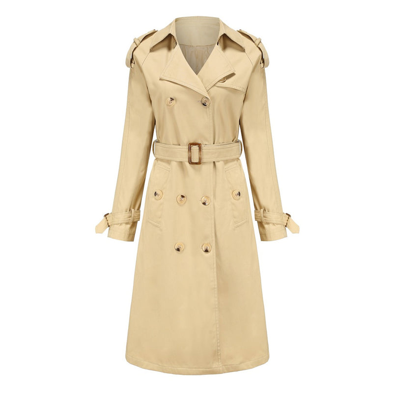 Classic Lapel Collar Long Sleeve Double Breasted Belted Split Trench Coat