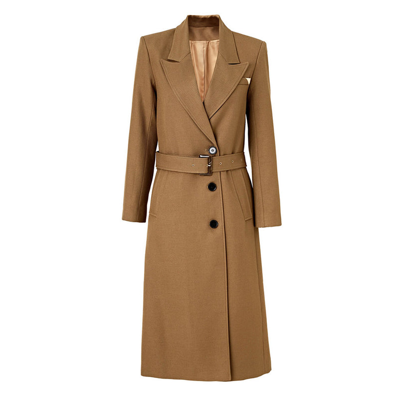 Classic Peak Lapel Single Breasted Belted Wool Blend Trench Coat