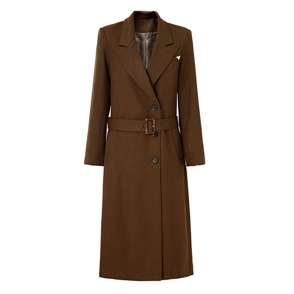 Classic Peak Lapel Single Breasted Belted Wool Blend Trench Coat