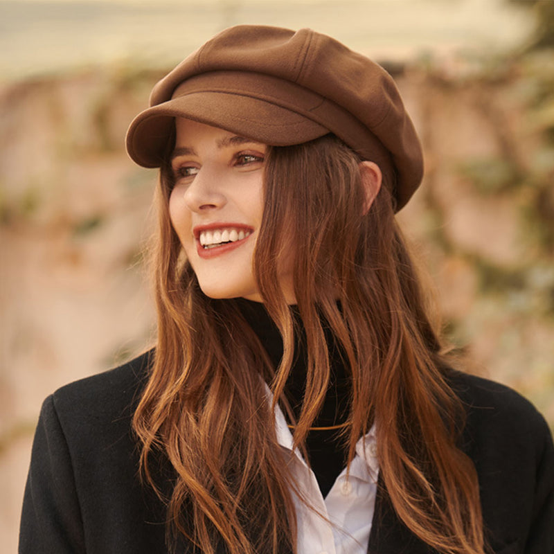 Classic Pure Color Fishbone Textured Woolen Blend Newsboy Hat