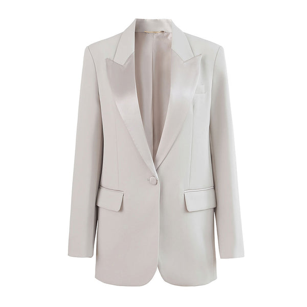 Classic Satin Lapel Strong Shoulder Long Sleeve One Button Tailored Blazer