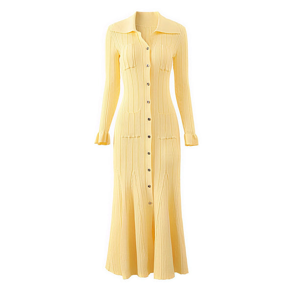 Classy Collared Long Sleeve Button Up Fishtail Ribbed Knit Cocktail Midi Dress