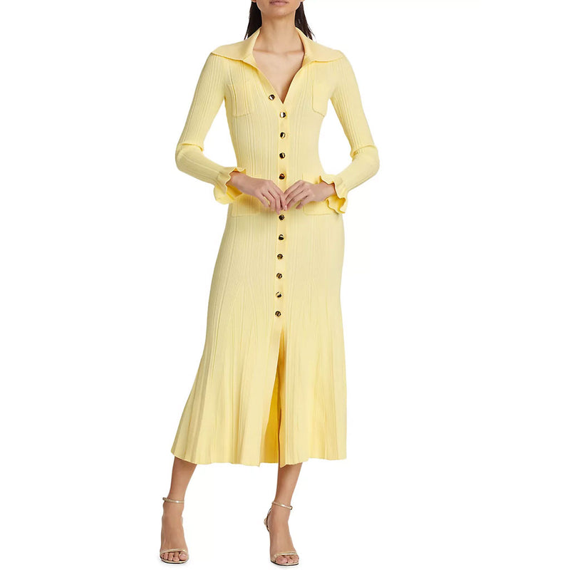 Classy Collared Long Sleeve Button Up Fishtail Ribbed Knit Cocktail Midi Dress