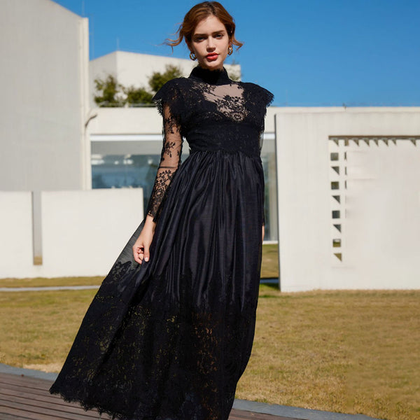 Classy Sheer Floral Lace Mock Neck Long Sleeve A Line Gown Maxi Dress