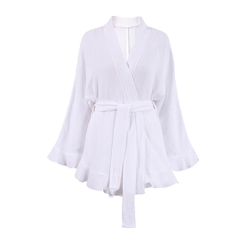 Comfortable Belted Long Sleeve Ruffle Shorts Cotton Gauze Lounge Robe Set