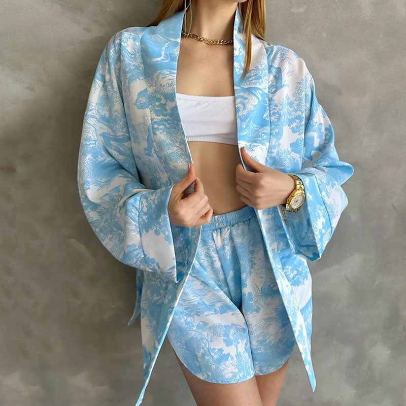 Comfortable Jungle Print Long Sleeve Belted Wrap Shorts Lounge Robe Set