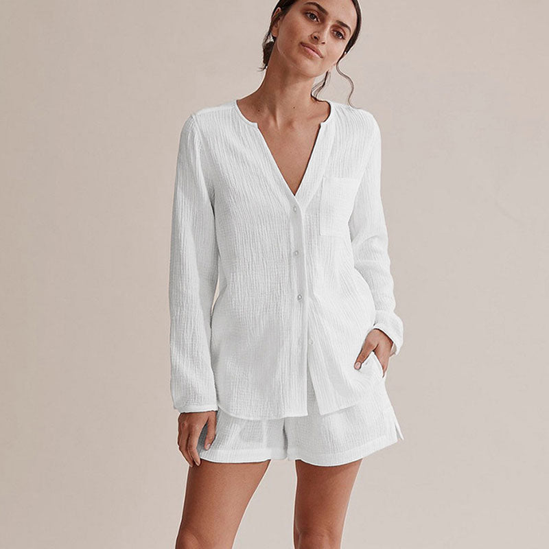 Comfy Long Sleeve V Neck Button Up High Rise Shorts Cotton Gauze Lounge Set