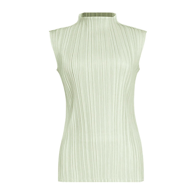 Comfy Solid Color Mock Neck Slim Fit Pleated Sleeveless Top