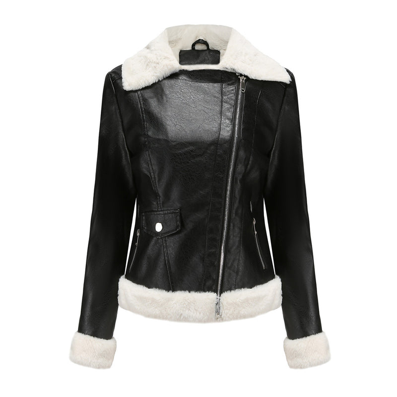 Contrast Faux Fur Lined Collared Long Sleeve Zip Up Vegan Leather Jacket