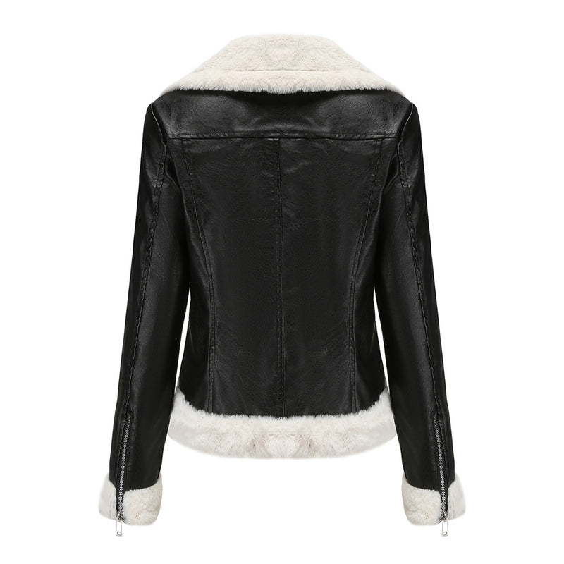 Contrast Faux Fur Lined Collared Long Sleeve Zip Up Vegan Leather Jacket