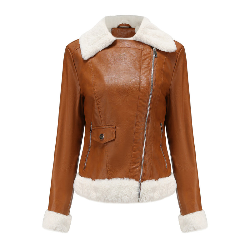 Contrast Faux Fur Lined Collared Long Sleeve Zip Up Vegan Leather Jacket