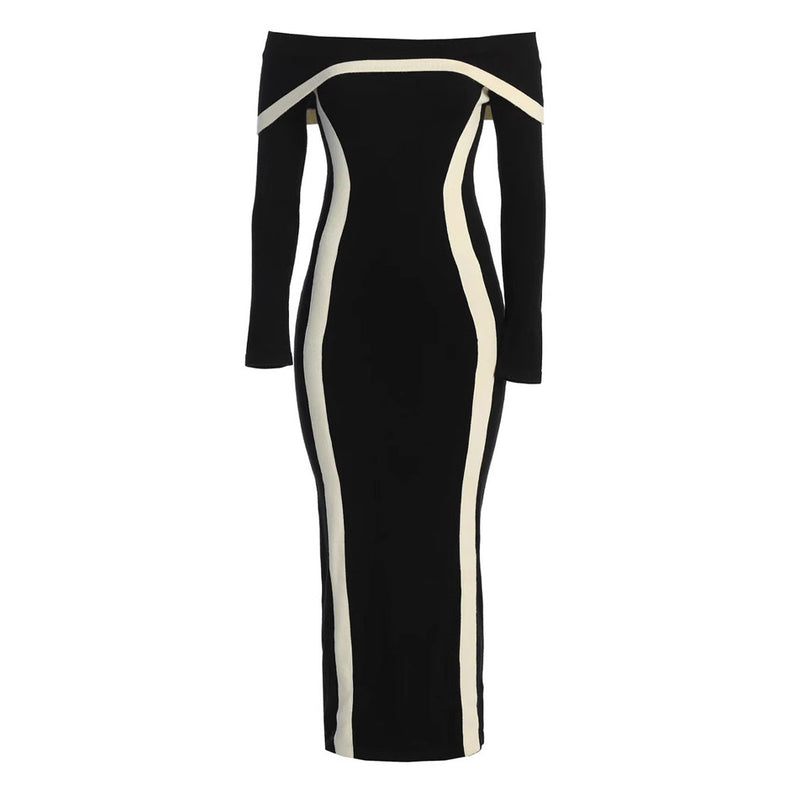 Contrast Foldover Off Shoulder Long Sleeve Bodycon Bandage Maxi Dress