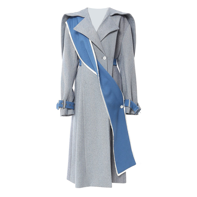 Contrast Oversized Lapel Draped Wrap Belted Cuff Herringbone Trench Coat