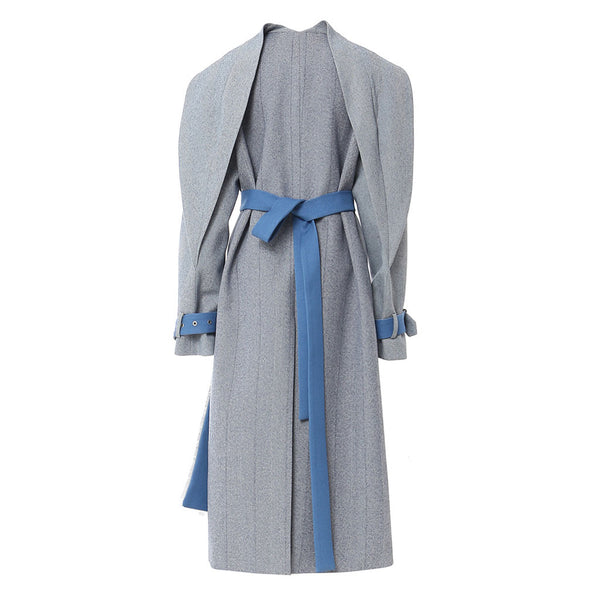 Contrast Oversized Lapel Draped Wrap Belted Cuff Herringbone Trench Coat