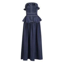 Contrast Stitch Ruffle Strapless Ruched Drop Waist Peplum Denim Maxi Dress