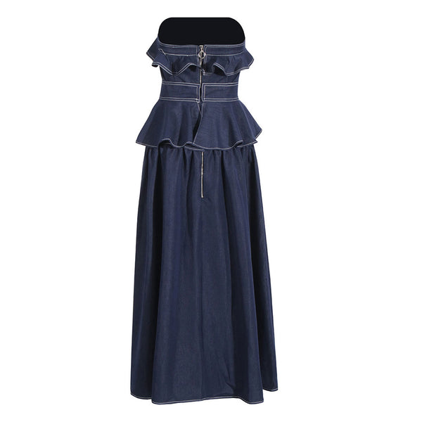 Contrast Stitch Ruffle Strapless Ruched Drop Waist Peplum Denim Maxi Dress