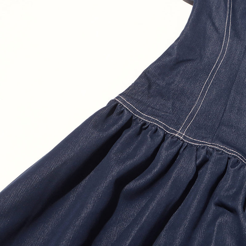 Contrast Stitch Ruffle Strapless Ruched Drop Waist Peplum Denim Maxi Dress