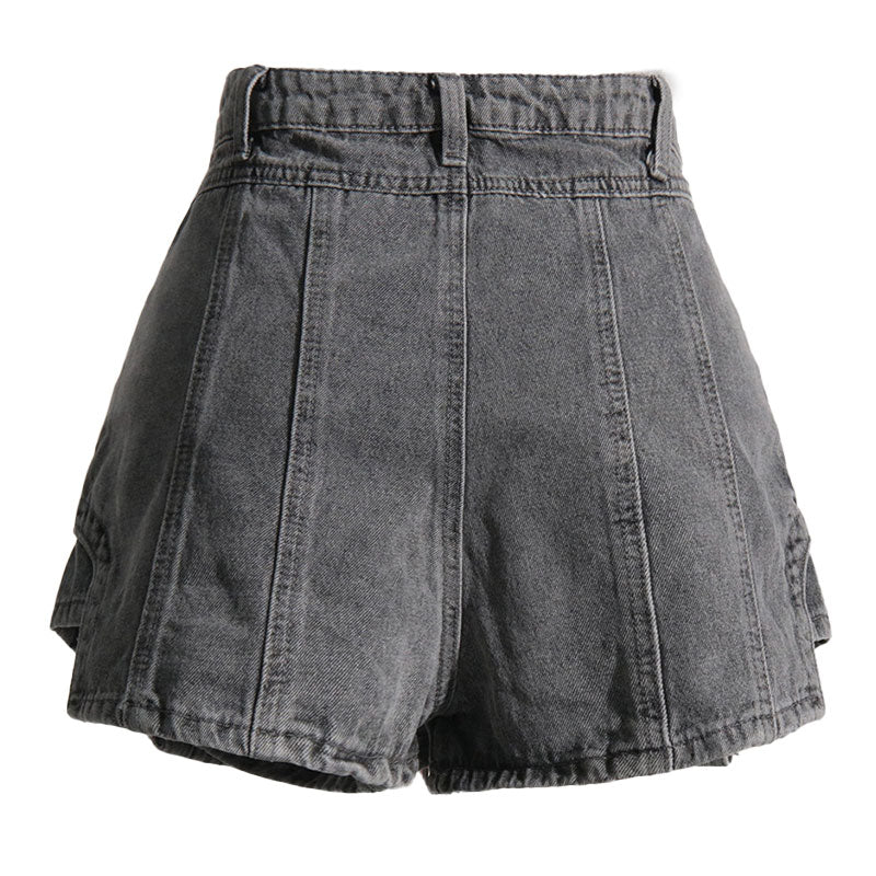 Cool Solid Color Exposed Seam Layered High Waist Denim Skorts