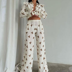 Cozy Bear Print Ruffle Long Sleeve Button Up Wide Leg Cotton Gauze Lounge Set