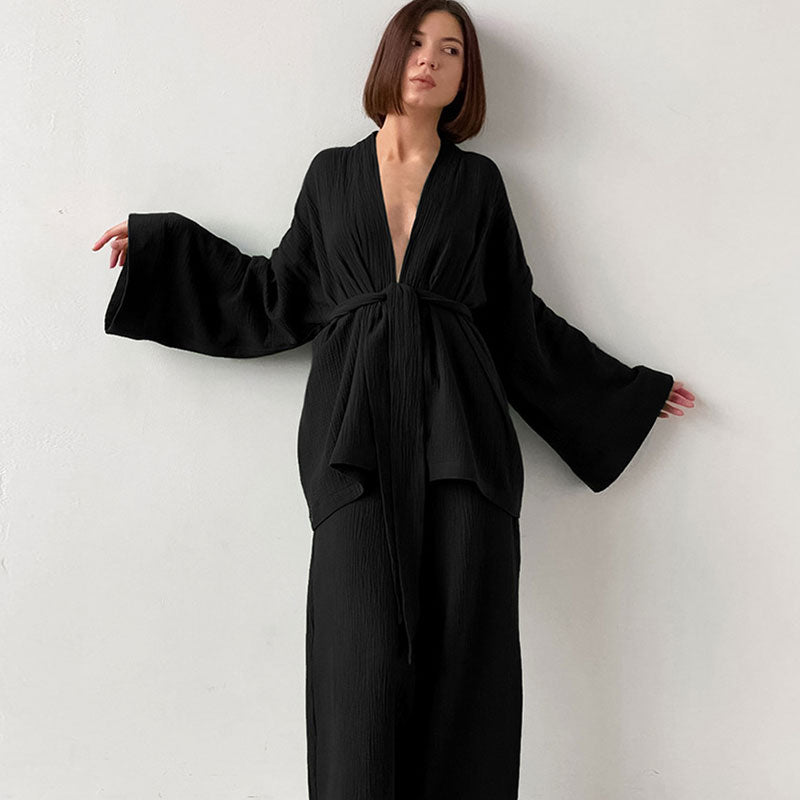 Cozy Long Sleeve Belted Robe High Rise Wide Leg Cotton Gauze Lounge Set