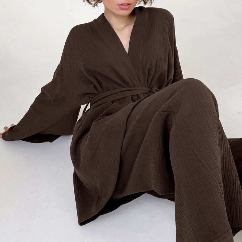 Cozy Long Sleeve Belted Robe High Rise Wide Leg Cotton Gauze Lounge Set