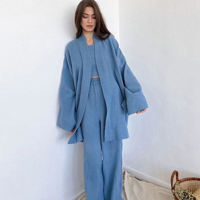 Cozy Long Sleeve Belted Robe High Rise Wide Leg Cotton Gauze Lounge Set