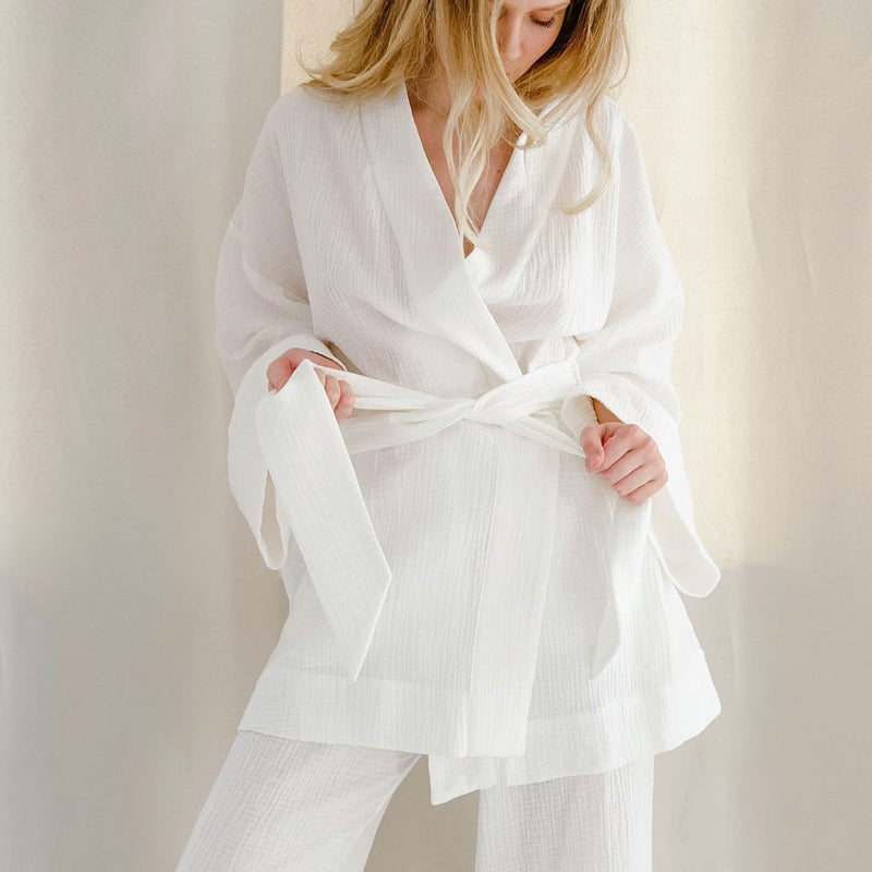 Cozy Long Sleeve Belted Robe High Rise Wide Leg Cotton Gauze Lounge Set