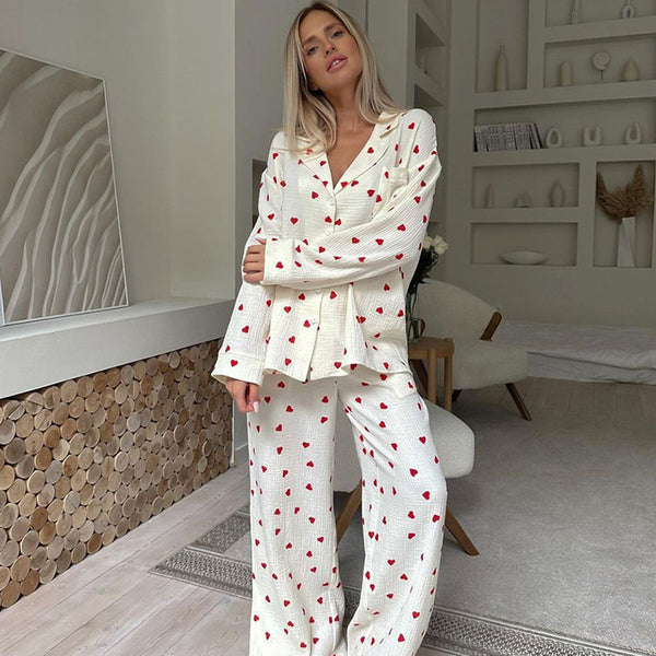 Cozy Textured Heart Print Long Sleeve Collar Cotton Gauze Lounge Set