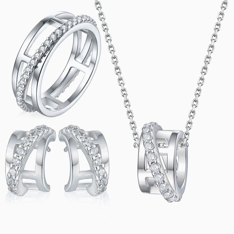 Crossover Pavé Cubic Zirconia Eternity Triple Hoop Sterling Silver Jewelry Set