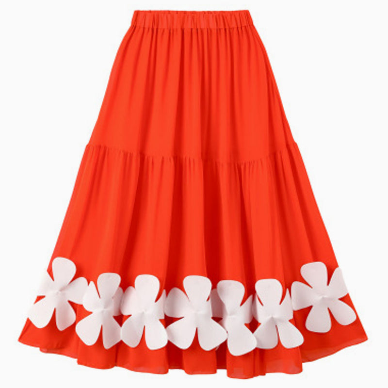 Cute 3D Petal Flower High Waist Ruched Summer Cover Up Maxi Beach Skirt