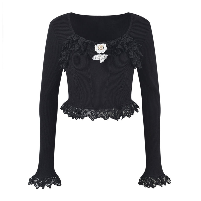 Cute Bow Trim Scoop Neck Lace Detail Long Sleeve Cropped Rib Knit Top