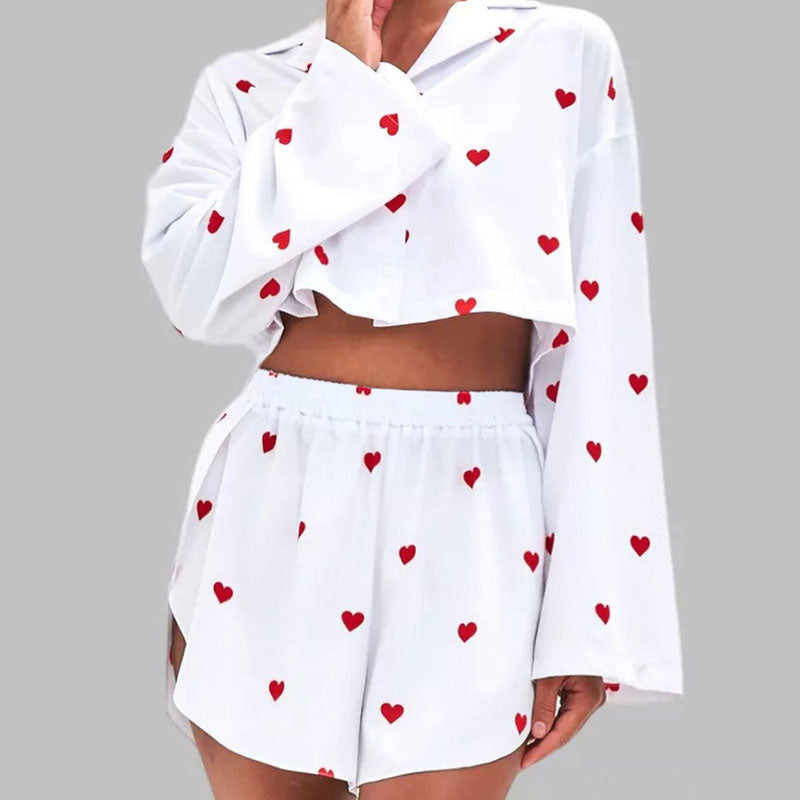 Cute Heart Print Bell Sleeve Crop Button Up Split Shorts Satin Lounge Set